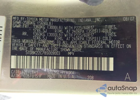 2008 Toyota Sienna Limited from USA, damaged, VIN 5TDBK22C78S009003